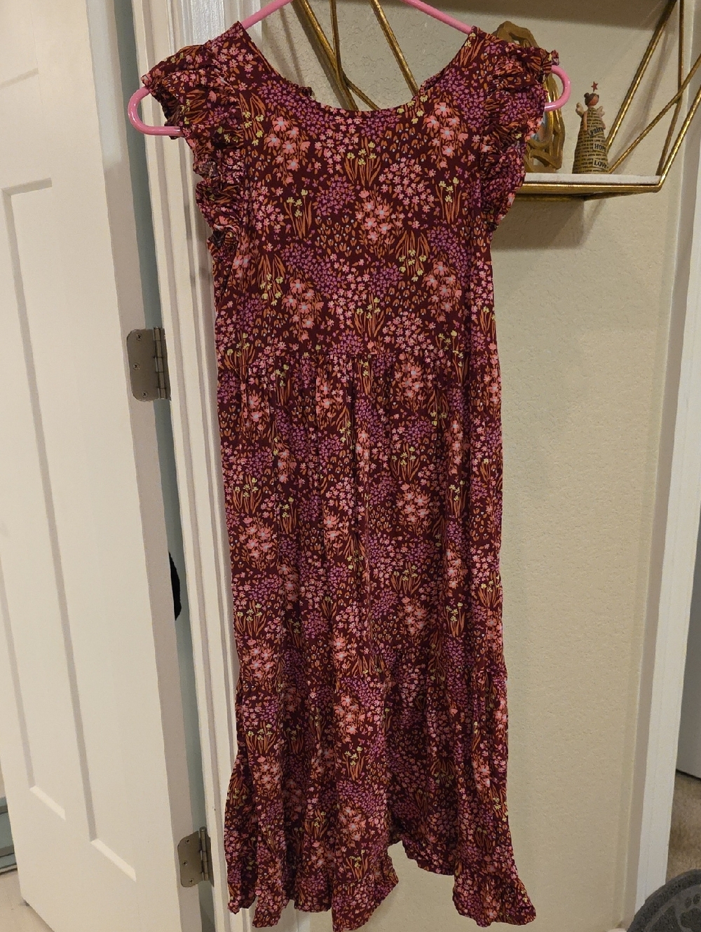 Floral Ruffled Cap Sleeve Maxi Dress - Pink & Burgundy